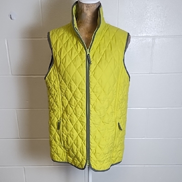 Vibrant Soft Sueded Fabric Yellow Green Quilted Vest Sip Pockets Dble Zip - Picture 1 of 13